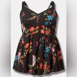 Torrid Black Floral Peplum Challis Lace Trim Tank Size 0/L 12